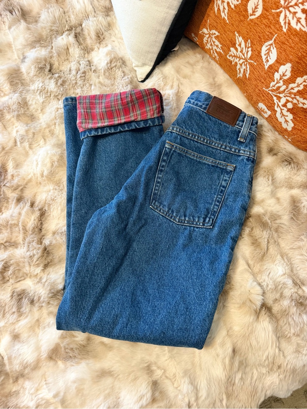 L.L. Bean Flannel Lined Women’s Blue Boot Cut Jeans with Red Plaid Relaxed Fit